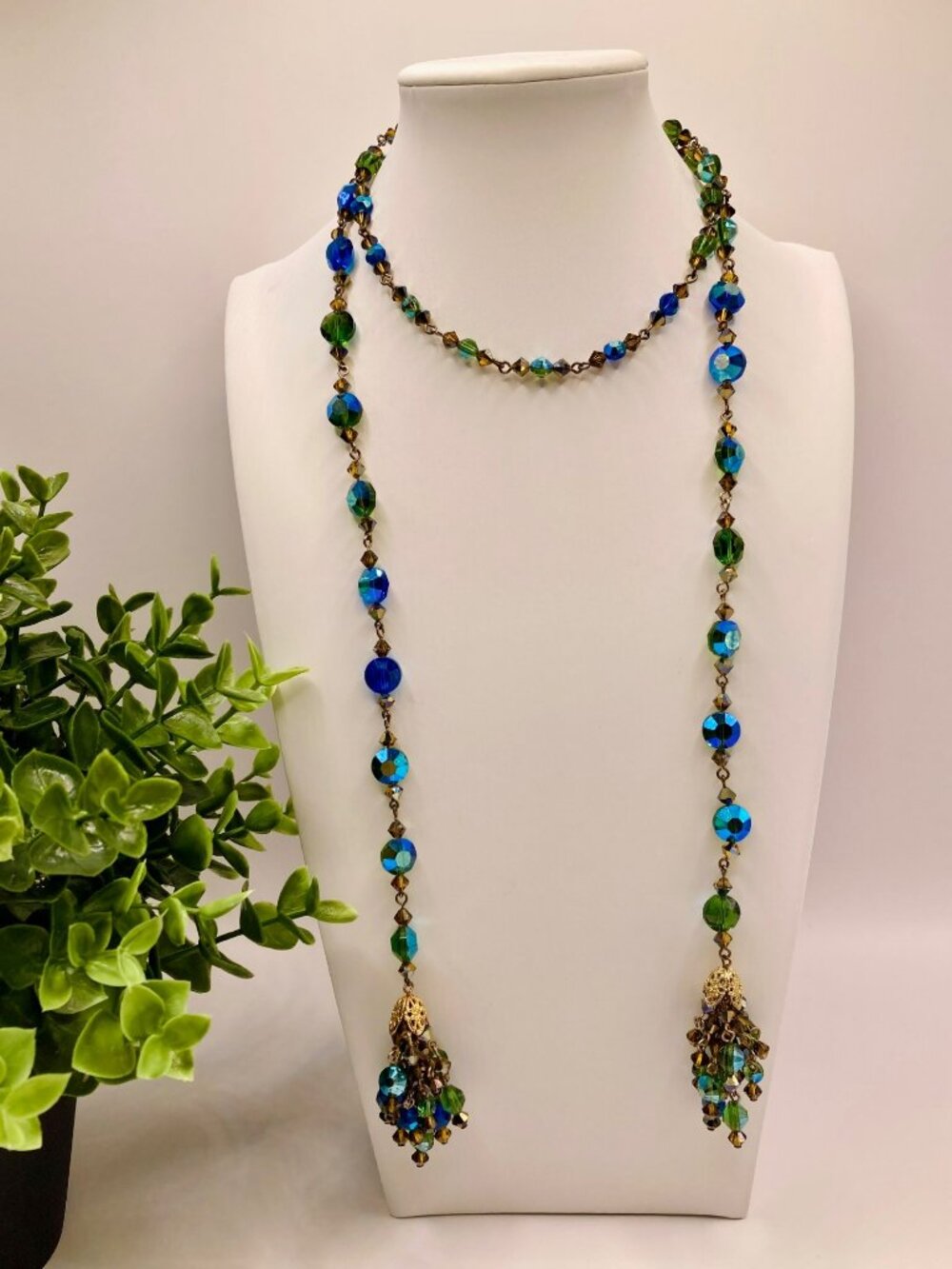 Blue Green Glass & Crystal Beaded Lariat Style Necklace -29B
